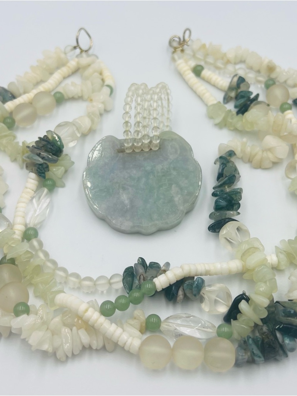 Handcrafted Green and Cream Multi-Strand Gemstone Necklace with Jade Pendant